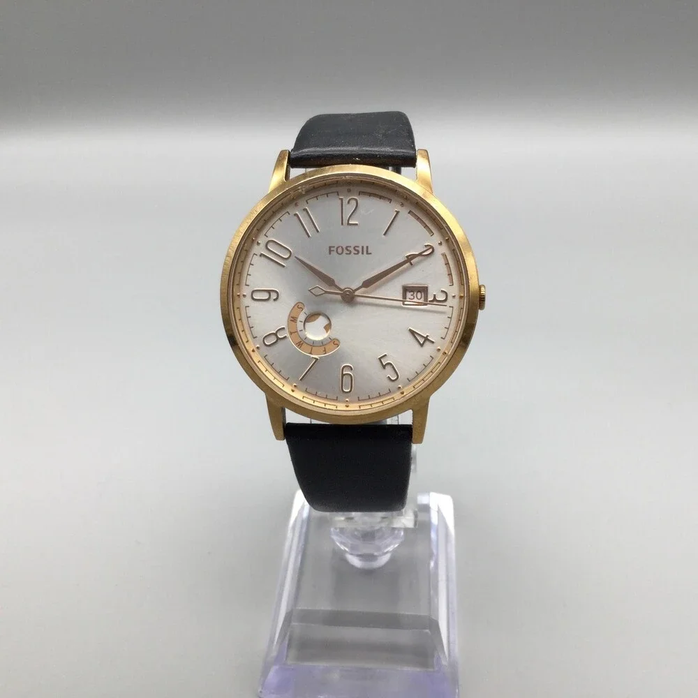 Fossil ES3751 Womens Watch 40mm Silver Gold Tone Black Leather Date New Battery